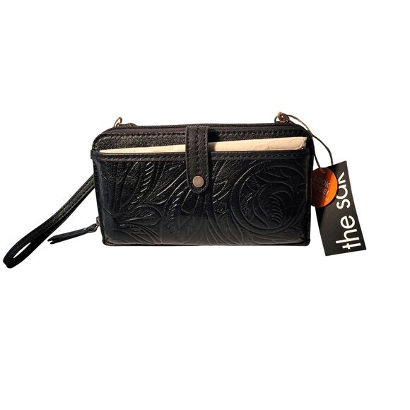 The Sak Iris Large Smartphone Black Embossed Crossbody Straps Leather 107467 New - Picture 1 of 6